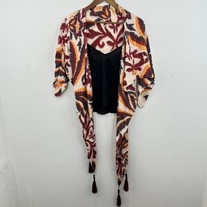Farm‎ Rio Maroon Waist Shoulder Wrap Scarf Tassel Open Front Abstract Print Tank
